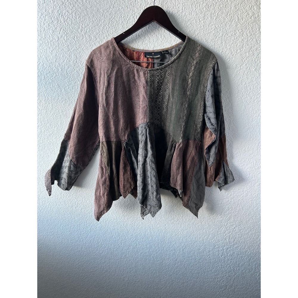 Sacred Threads Patchwork Embroidered Peasant Top … - image 1